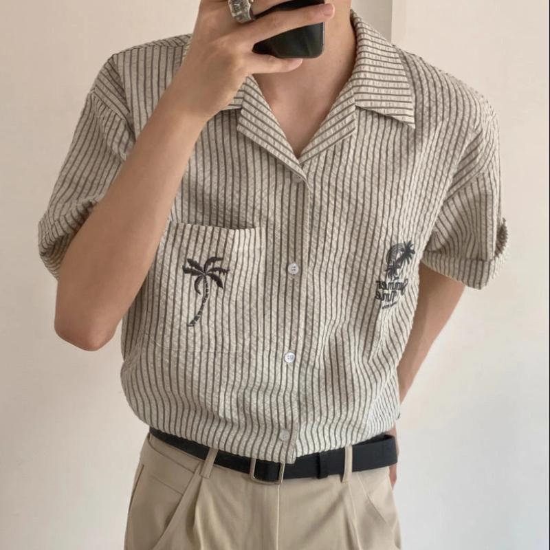 

Мужская вышитая полосатая рубашка с коротким рукавом, корейский стиль, воротник, повседневный свободный топ M абрикосовый