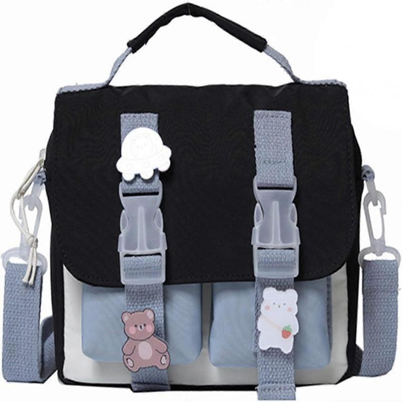 Kawaii Shoulder Bag with Cute Pins Kawaii Tote Bag for Girls School Crossbody Backpack Casual Fashion (Black)