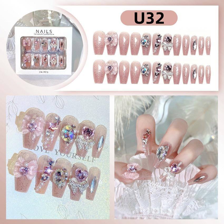 White Blue Color 3D Rabbit Star Rhinestone Designs-Full Cover Acrylic False Nails for Women and Girls Detachable Long Fake Nails
