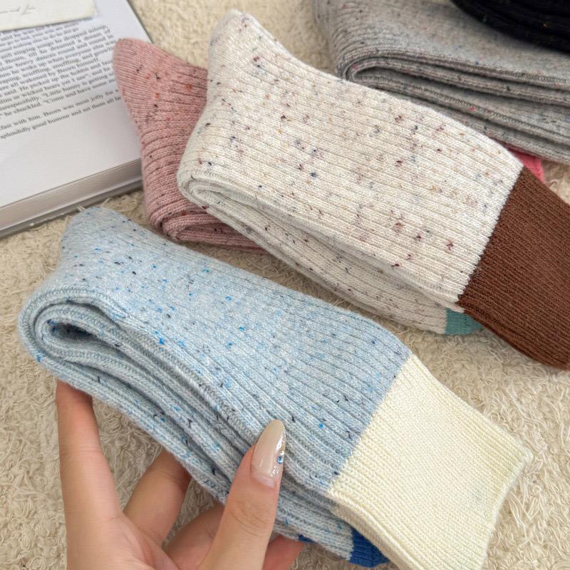 Spring Autumn Socks Double Needle Middle Tube Socks Thickened Warm Retro Women's Stacked Sports Socks Dot Yarn Korean INS Style