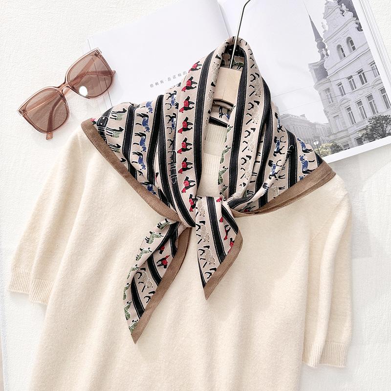Designer Niche Personalized Printed Square Scarf Japanese and Korean High-end Sense Elegant Temperament Herringbone Silk Scarf Decorative Scarf