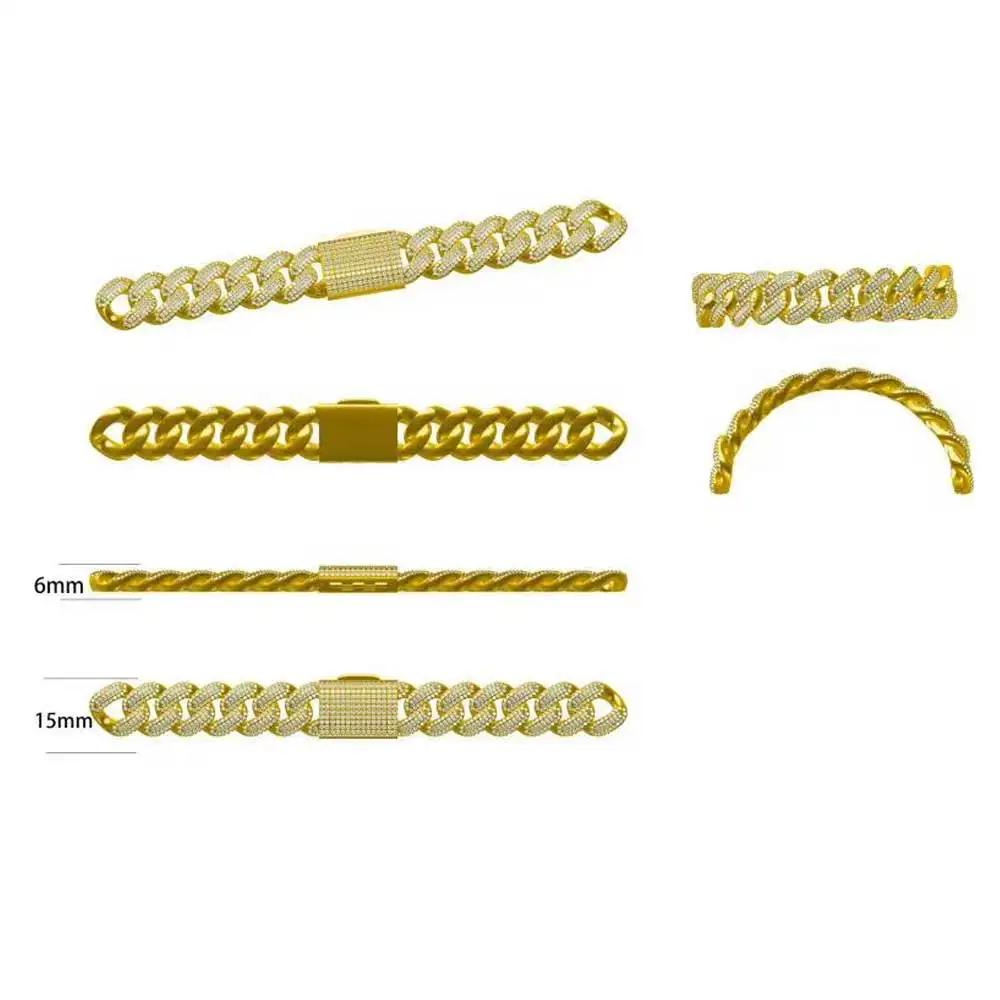 15mm Princess Cut Rectangle CZ Miami Cuban Bracelet Necklace Iced Out Square Cubic Zirconia Link Chain for Men