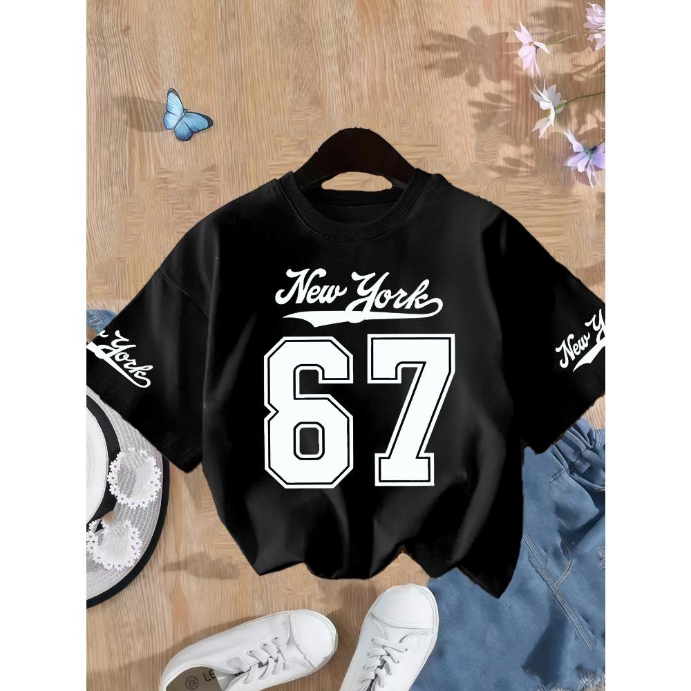 Girls' Number 67 New York Print Summer Short-Sleeve  T-Shirt Pink Elastic Round Neck Children's Top Fashion Design