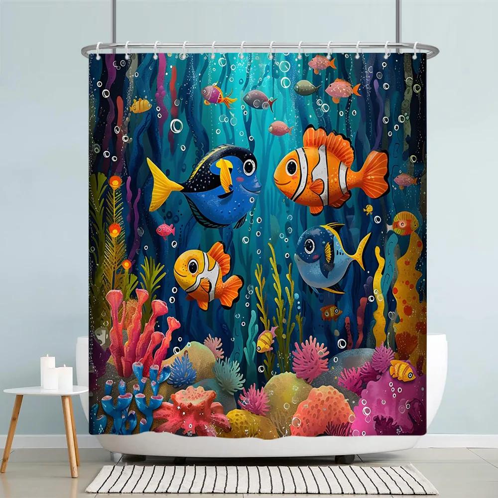 Lustige Meerestiere Kinder Duschvorhang Cartoon Aquarell Kunst Malerei Stil Polyester Stoff Duschvorhang Badezimmer Dekorati