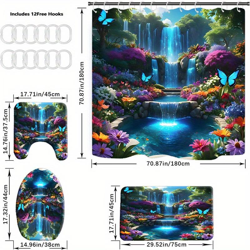 1/4PcsModern Bathroom Set Waterproof Shower Curtain with Anti Slip Mat Rug and Toilet Cover Machine Washable Polyester Bath Decor with Hooks