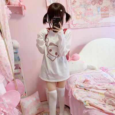 Camicie per le donne Magliette giapponesi Stile preppy Moda T-shirt bianche O-Collo Manica lunga T-shirt cartoon Casual coreano Y2k Top