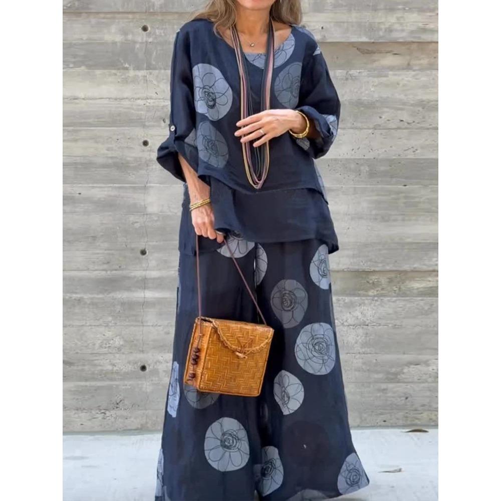 Autumn New Collection of Women's Round-neck Printed Fashionable Casual Two-piece Loose Trousers