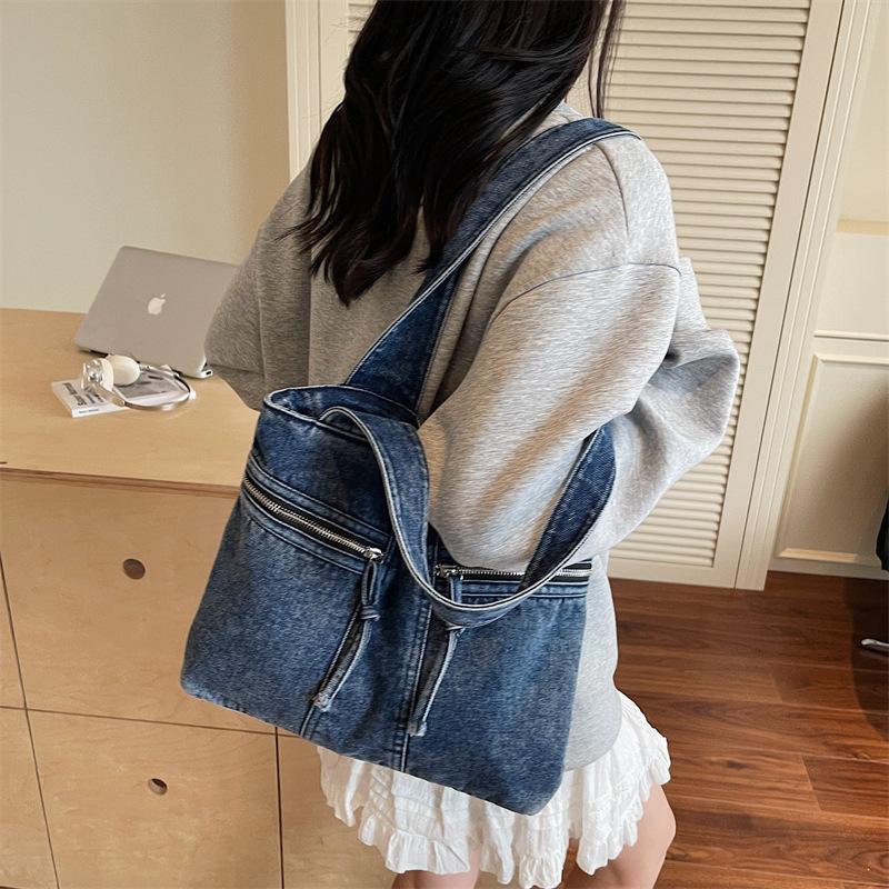 Autumn new denim satchel Japanese and Korean simple daily commute large capacity casual tote shoulder bag