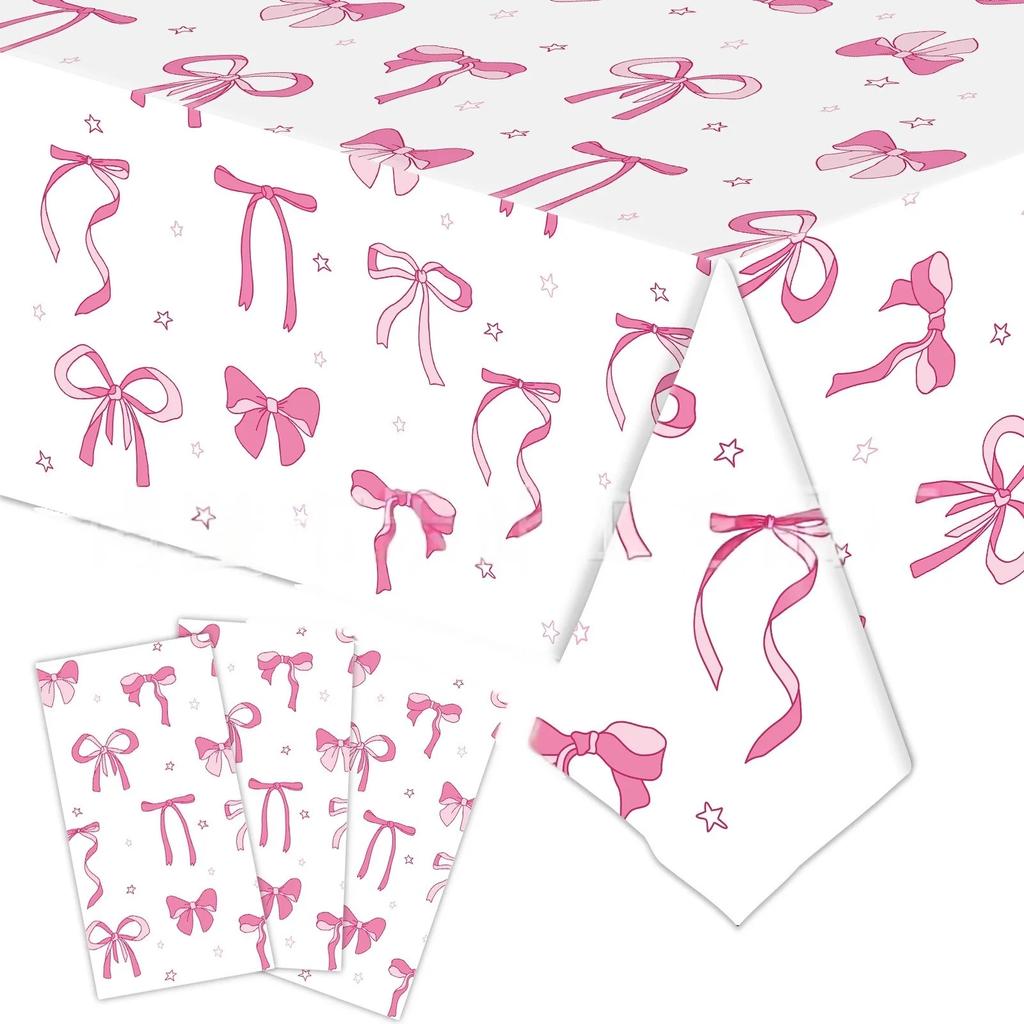Elegant Coquette Birthday Tablecloth Large Pink Bow Rectangle Table Cover for Girls Birthday Party Stylish Decorations