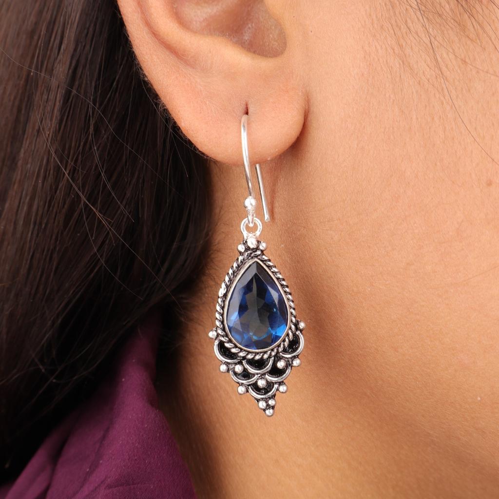 London Blue Topaz Gemstone 925 Sterling Silver Jewelry Handcrafted Earrings 1.9" EE-85-5