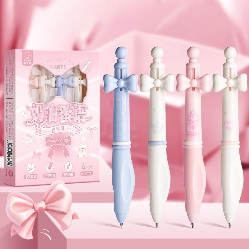 

Набор из 4 милых гелевых ручек с цветами, с резиновым грипом, с камелиями, розовый, с бантиком, со звездочками, с клипом для крепления, 0,5 мм, черные чернила для письма