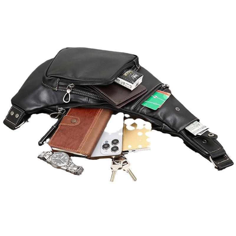 Leather Men'S Chest Bag First Layer Cowhide Large Capacity Fashion Breast Bag Crossbody Outdoor Leisure Bag