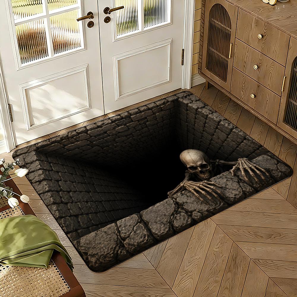 3D Optical Illusion Skull Pit Doormat Thickened Absorbent Non-Slip Floor Mat Bedroom Living Room Door Mat Flannel Rug