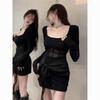 Spice Girl Style Sexy Exposed Collarbone Square Neck Dress Women's Autumn and Winter New Mesh Splicing Slim Fit Inside Hip Wrap Skirt