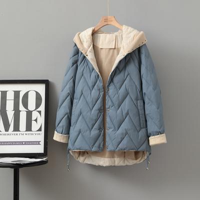 Automne et Hiver Nouvelle Veste en Duvet Légère et Fine pour Femme Courte Épissage Tricotée à Capuche Décontractée Ample Veste de Mode