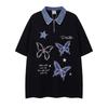 American embroidery letter butterfly patch design sense lapel short-sleeved T-shirt men's and women's loose retro Hong Kong flavor POLO shirt