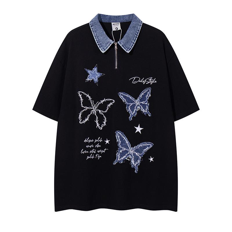 American embroidery letter butterfly patch design sense lapel short-sleeved T-shirt men's and women's loose retro Hong Kong flavor POLO shirt