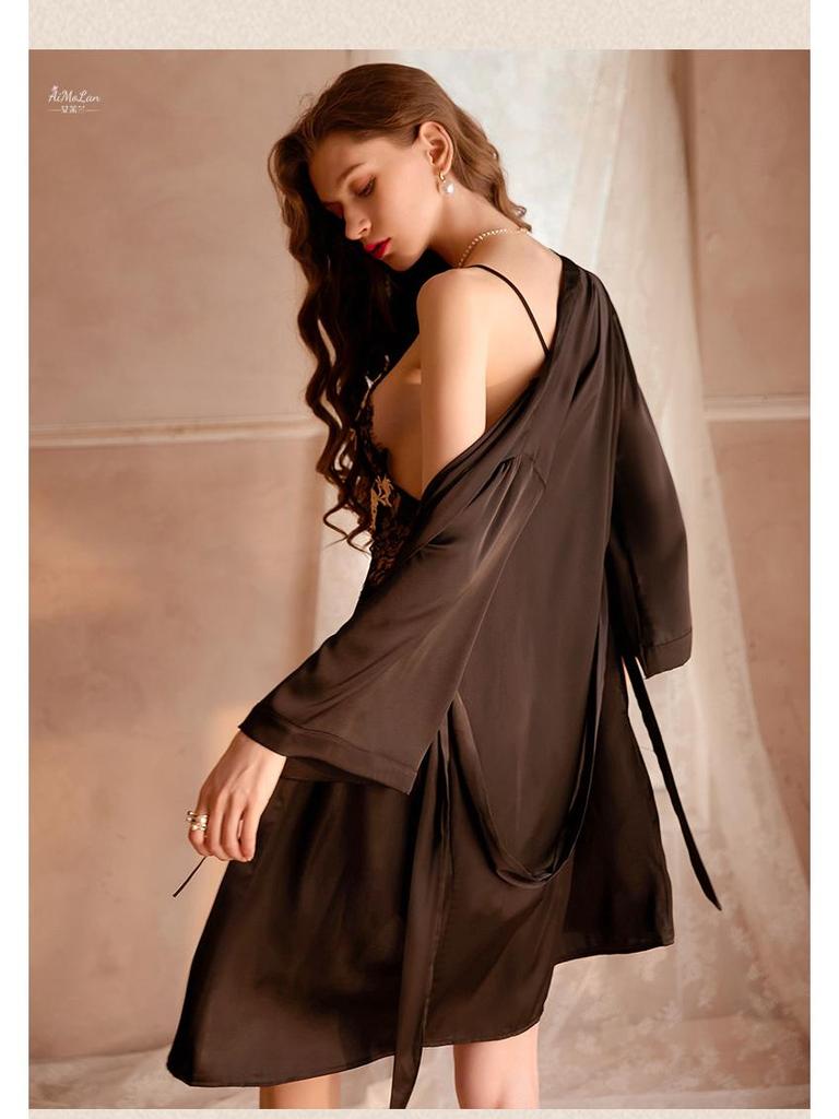 Meishilan Ice Silk Lace Flirtatious Nightdress and Bathrobe Set