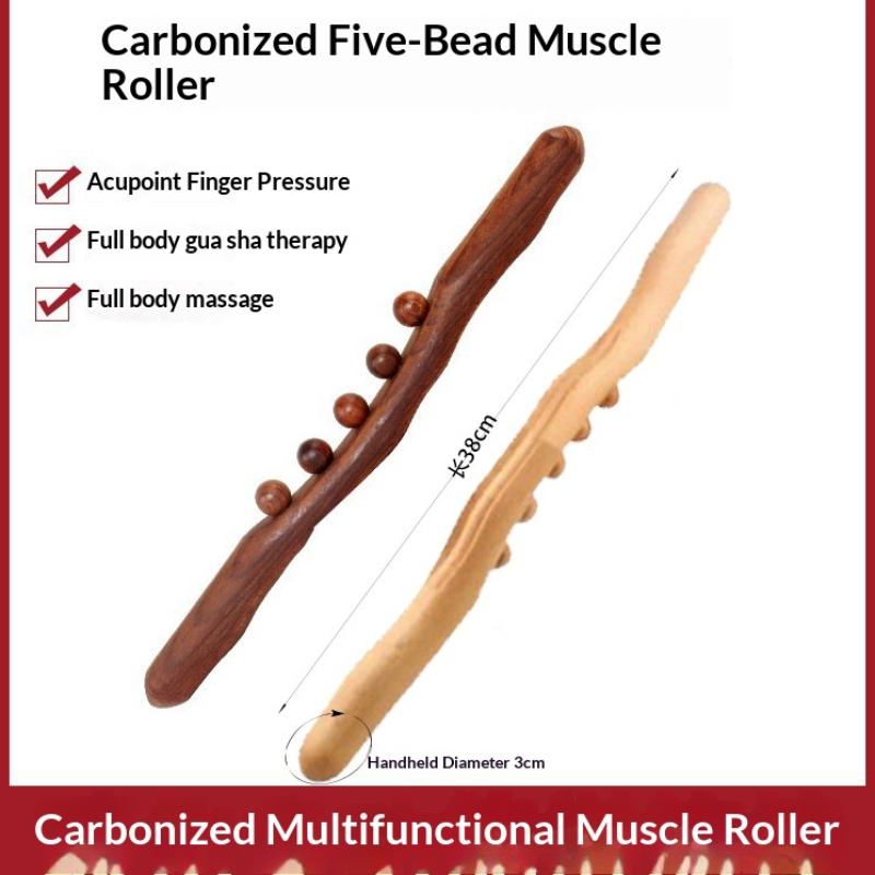 1Pcs Guasha Wood Stick Massage Tool,5 Beads Wood Massage Roller Stick,Lymphatic Drainage Massager For Body Shaping,Gua Sha Tools