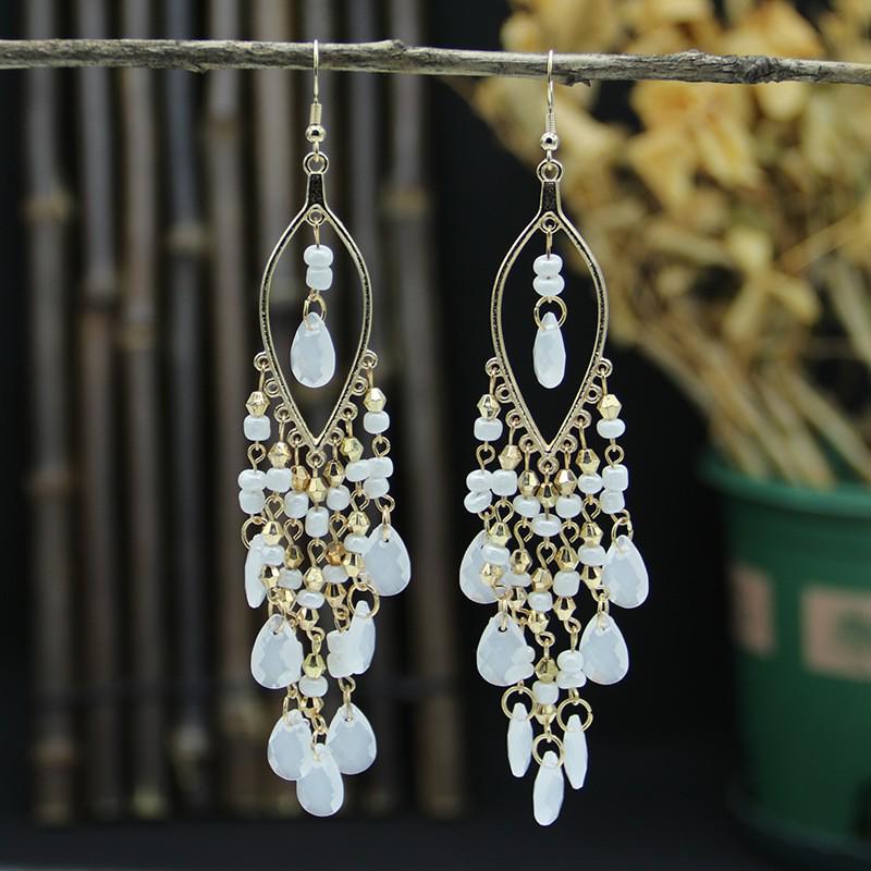 Bohemian Crystal Tassel Earrings - Ethnic Style, Slim Face, Exaggerated Design for Travel