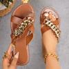 Roman Shoes Women's Summer New Round Toe Open Toe Cross Belt Metal Chain Soft Sole Anti-slip Wear-resistant Flats