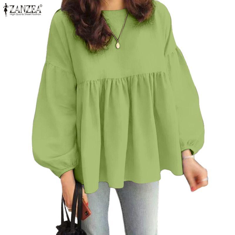 ZANZEA Women Casual Round Neck Puff Long Sleeve Loose Blouse
