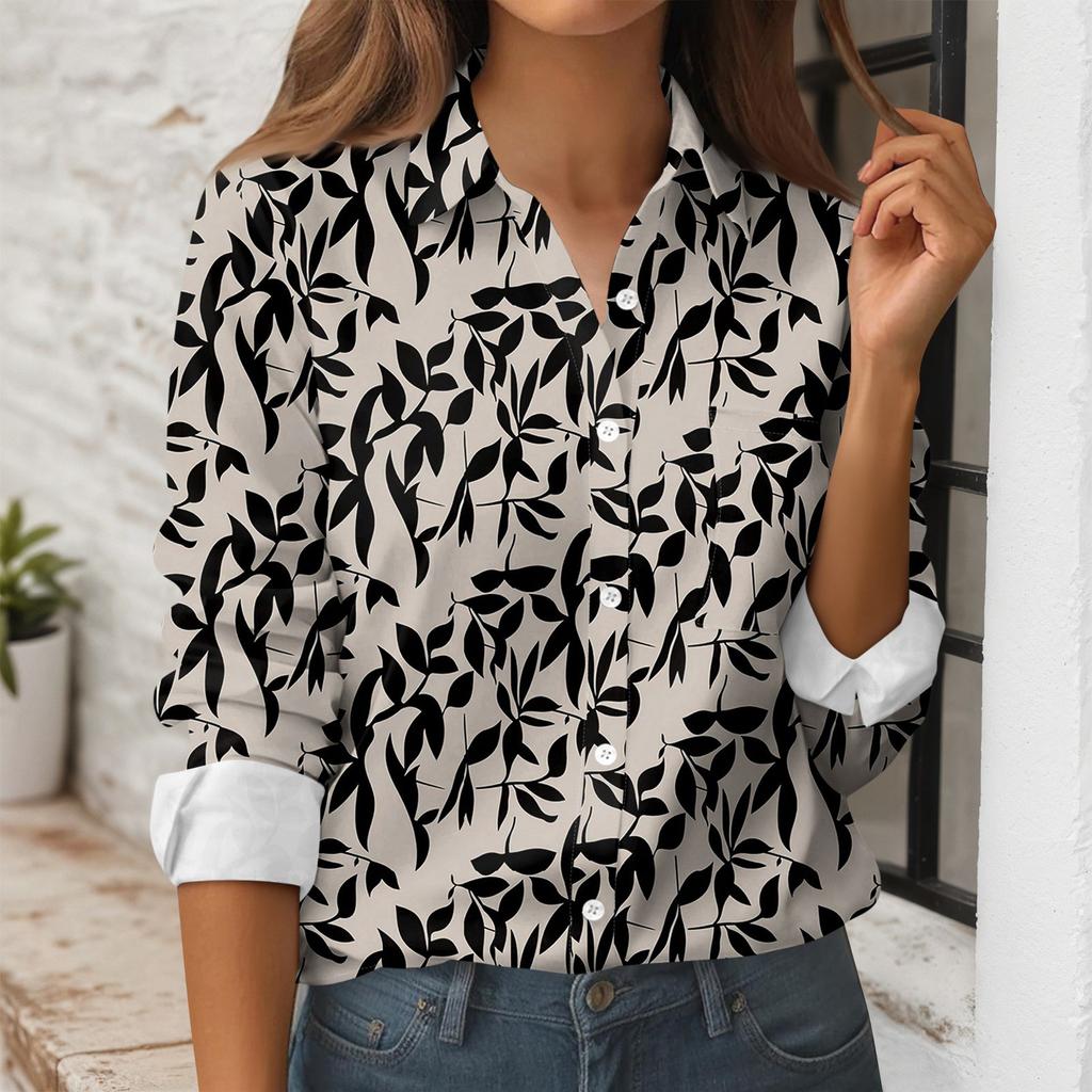 Women's Button Down Prints Shirt Long Sleeve Shirt Business Work Tops Casual With Pockets Jacket