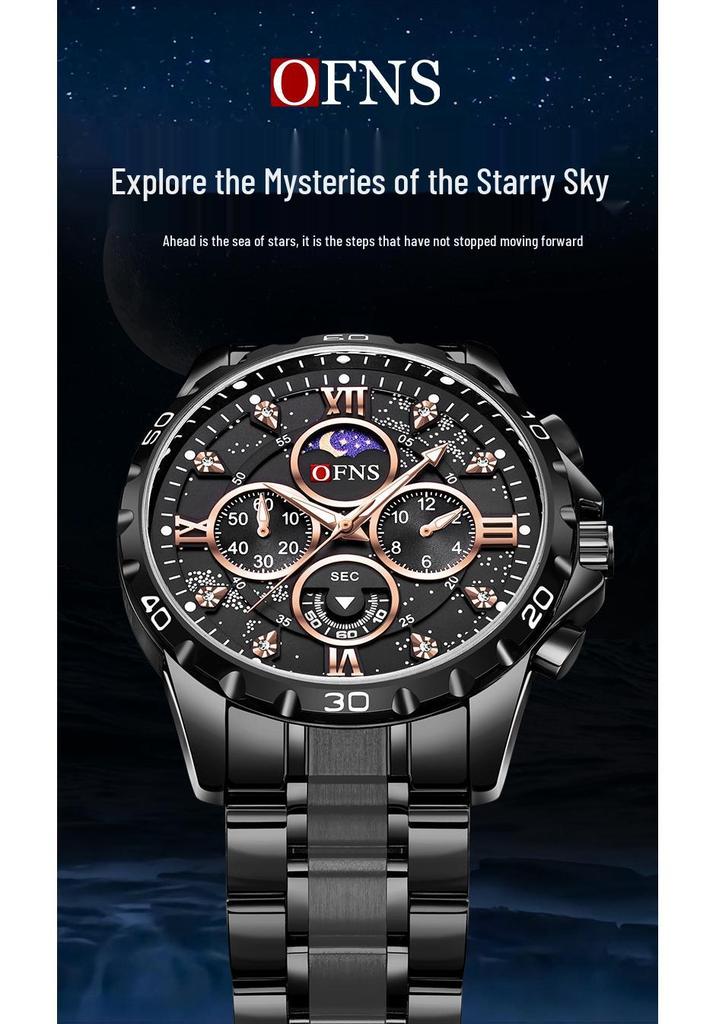 OFNS Men's Six-Hand Multifunctional Waterproof Quartz Watch with Large Dial and Steel Strap
