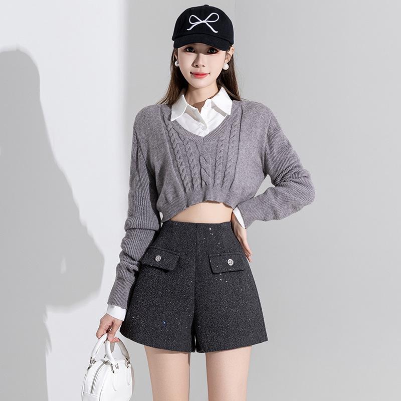 High-Waisted Black Sequin Woolen Shorts for Women - Winter 2026 A-Line Slimming Style, Perfect with Boots and Outerwear