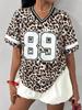 NEW YORK NR.89 Druck V-Ausschnitt Damen Kurzarm T-Shirt Sommer Mode Leopardenmuster Grafik-T-Shirt Baseball Trikots Sport T-Shirt