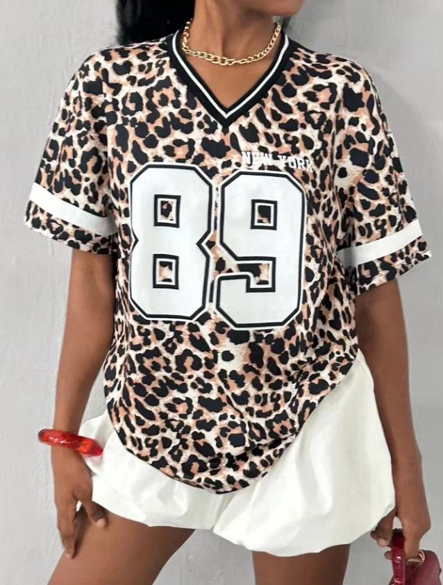 NEW YORK NO.89 Print V-Neck Women's Short Sleeve T-Shirt Summer Fashion Leopard Print Graphic Tee Baseball Jerseys Sport T-Shirt