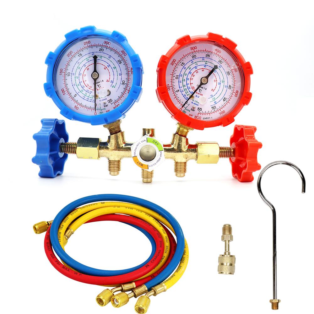 Manifold Gauge Set HVAC A/C Refrigeration Charging Service with Hoses Adjustable Couplers Adapter Can Tap For R32 410 22 134A