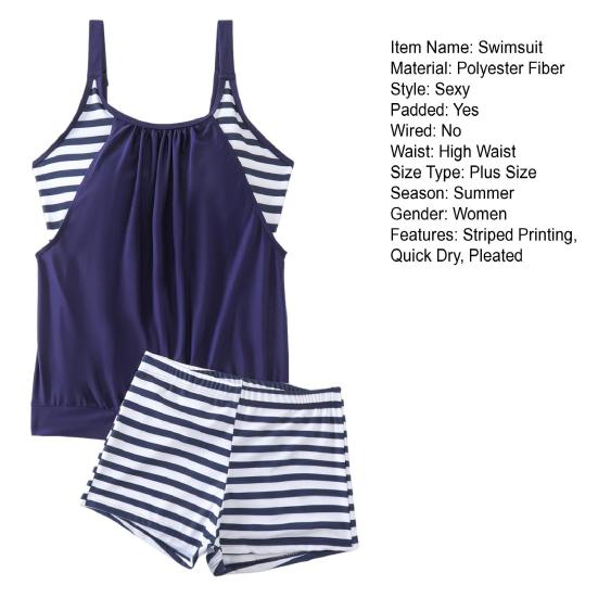 2 Pcs/Set Women Swimsuit Striped Vest with Chest Pads Elastic Waist Shorts Set Hot Spring Bathing Suit Quick-Drying Summer Beachwear