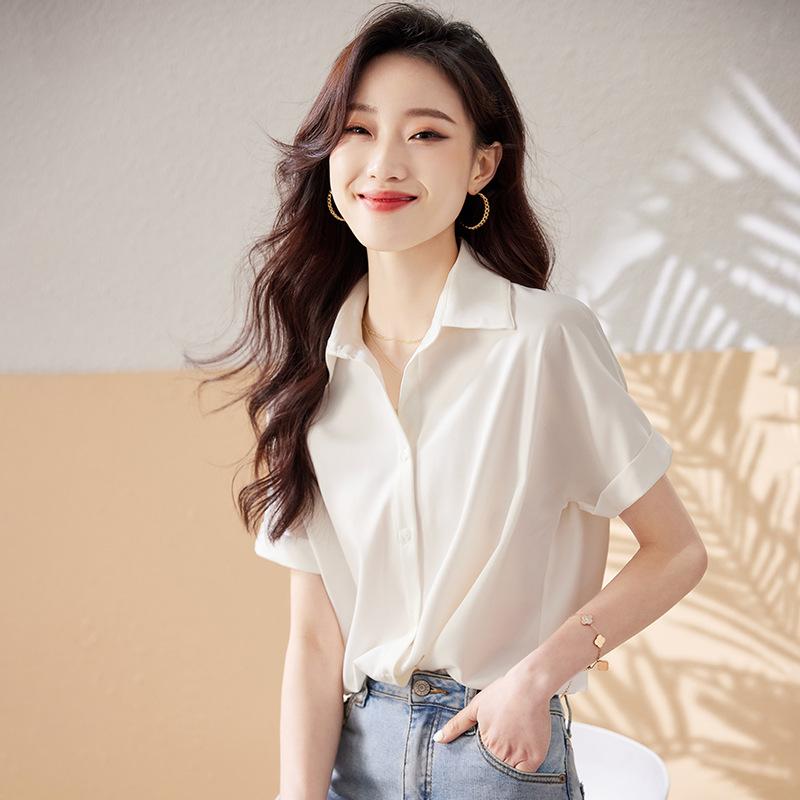 

Атласная драпированная белая рубашка женская летняя тонкая профессиональная рубашка OL темперамент XL белый