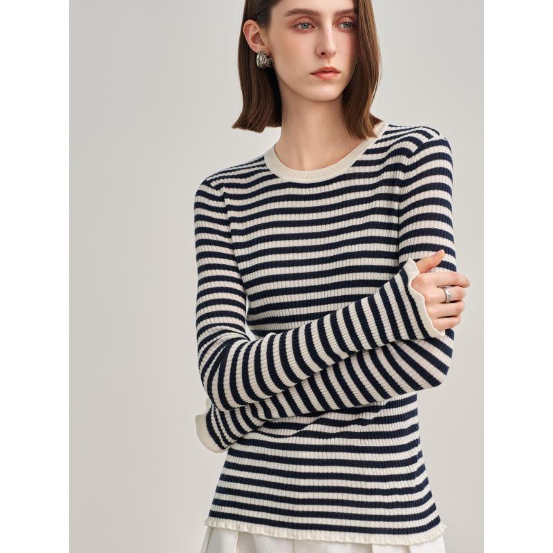 Women's Slim Fit Striped Wool Sweater: Color-Blocked, Sun Protection, Long Sleeve, Knitted Pullover.