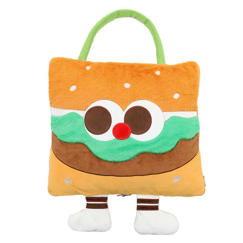 Cartoon Hamburger Embroidered Pillow Blanket With Plush Cover For Kids And Car Travel Comfort коричневый