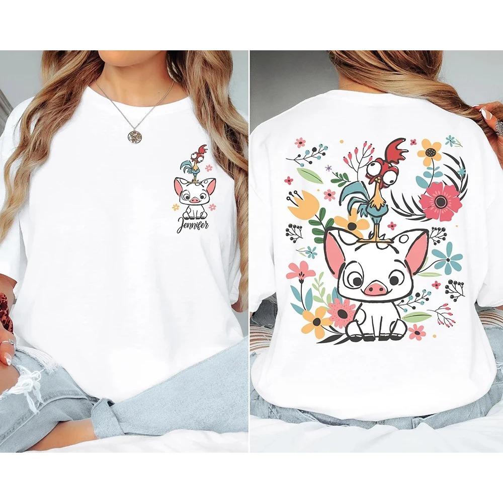 Personalized Floral Moana Shirts Pua And Hei Hei Print Shirt Short Sleeve Y2K Top Casual Daily Trendy Women clothes t shirts