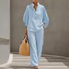 Completo da Donna in Lino a Due Pezzi con Maniche ad Ala di Pipistrello, Camicia Casual e Pantaloni a Gamba Larga, Outfit per Vacanze Estive, Set da Relax