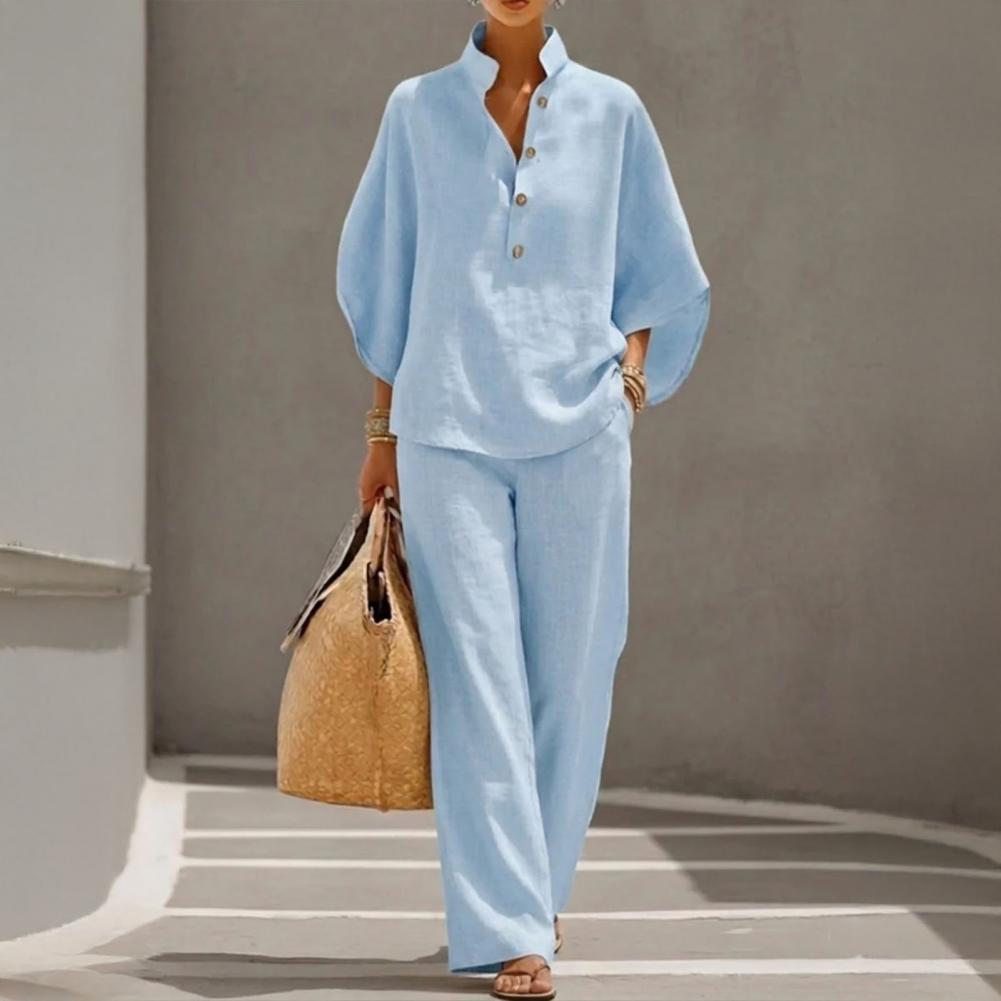 Completo da Donna in Lino a Due Pezzi con Maniche ad Ala di Pipistrello, Camicia Casual e Pantaloni a Gamba Larga, Outfit per Vacanze Estive, Set da Relax