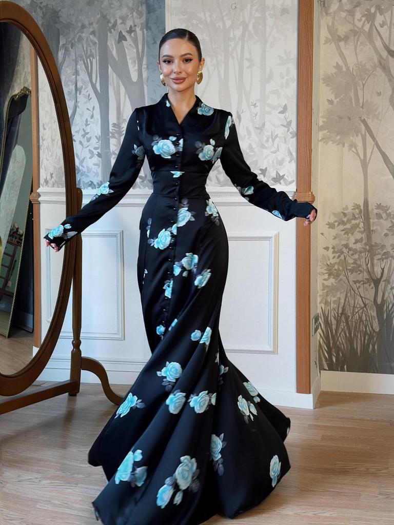 Spring 2026 European & American Fashion V-neck Printed Waist-cinching Dress for Women