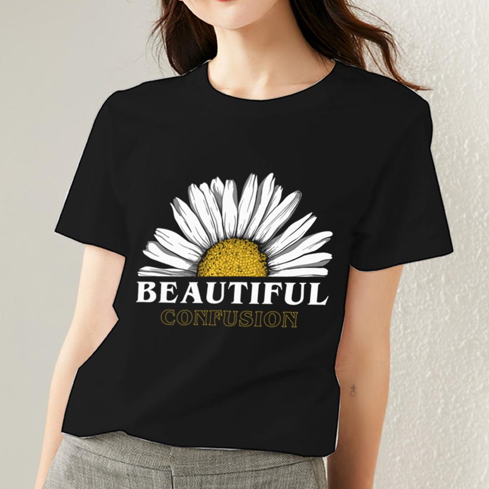 Women's T-shirt Casual Slim Round Neck Black Basic Soft Classic Daisy Pattern Print Breathable Comfortable Youth Women's Top
