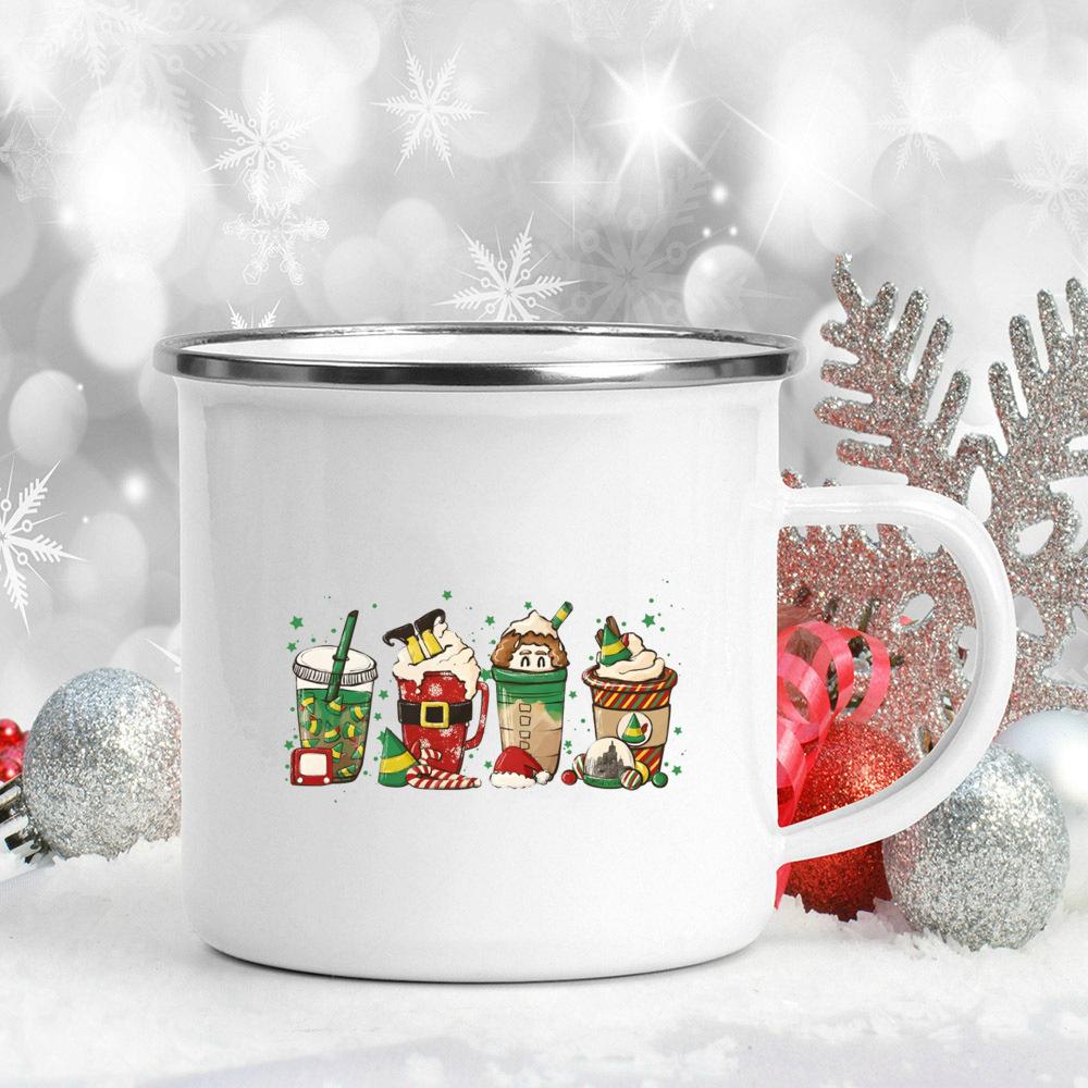 Deer Print Mug Enamel Coffee Milk Cups Hot Cocoa Chocolate Mugs Merry Christmas Cup Kitchen Party Decoration Winter Holiday Gift