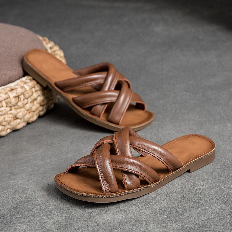 Johnature Genuine Leather Breathable Women's Flat Slippers Retro Versatile Soft Sole Roman Sandals