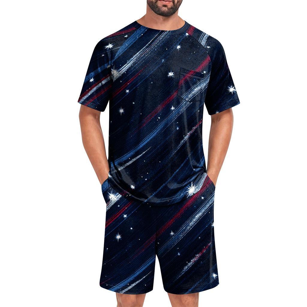 Conjunto de Pijama de Manga Corta para Hombre Ligero Transpirable Ropa de Dormir Top y Pantalones Cortos Cómodo Atuendo de Verano para Estar en Casa
