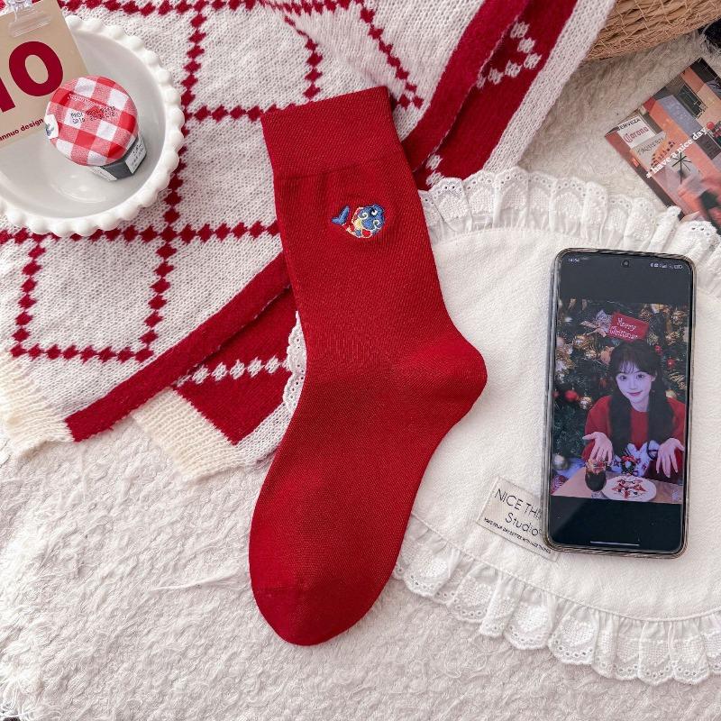 New Year Red Socks Featuring Children's Embroidery and Cartoon-style Cartoon Lion Puppet Ankle Socks with Festive Non-boned Pile-up Design