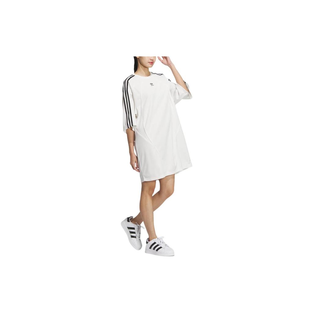 Adidas Originals Oversized Tee Dress Sports Comfortable Loose Three Stripes Round Neck Short Sleeve Dress Women Dresses White JD5773