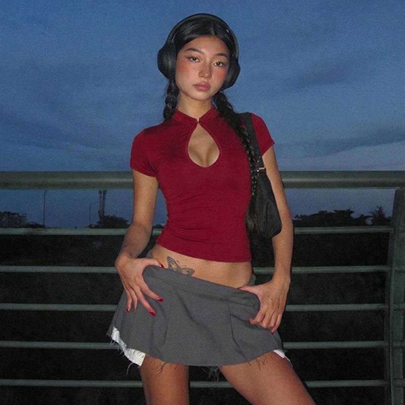 American Fashion Stand Collar Button Hollow Out T-shirt for Women 2026 Sexy Short Sleeve Slim Cropped T Shirts Black Wine Red Tops