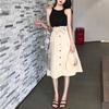 Summer Mid-length Skirt Women's Bud High Waist Single-breasted A-line Over-the-knee Skirt