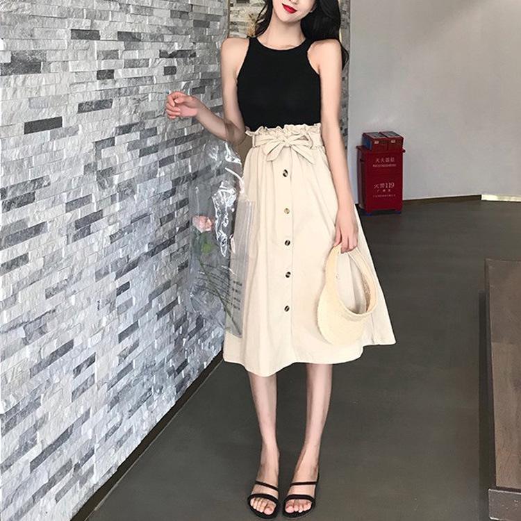 Summer Mid-length Skirt Women's Bud High Waist Single-breasted A-line Over-the-knee Skirt