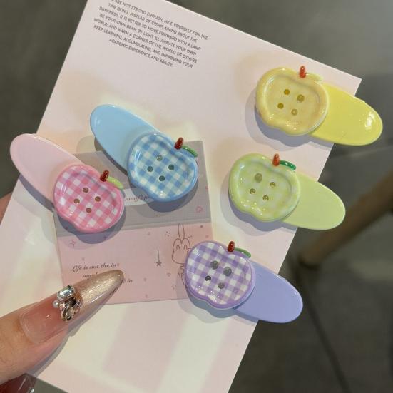 4Pcs Girl Hairpins Macaron Cream Color Plaid Pattern Fruit Button Design Hair Clips Lightweight Stable Grip Scalp-friendly Hair